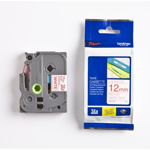 Плёнка для наклеек Brother TZE-232 красный шрифт на белой основе, 12мм*8м