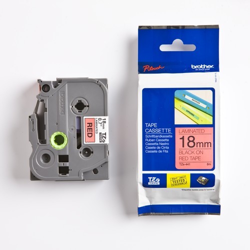 Плёнка для наклеек Brother TZE-441 чёрный шрифт на красной основе, 18мм*8м