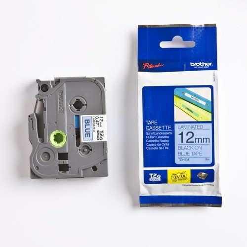 Плёнка для наклеек Brother TZE-531 чёрный шрифт на синей основе, 12мм*8м