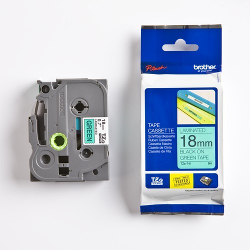Плёнка для наклеек Brother TZE-741 чёрный шрифт на зелёной основе, 18мм*8м