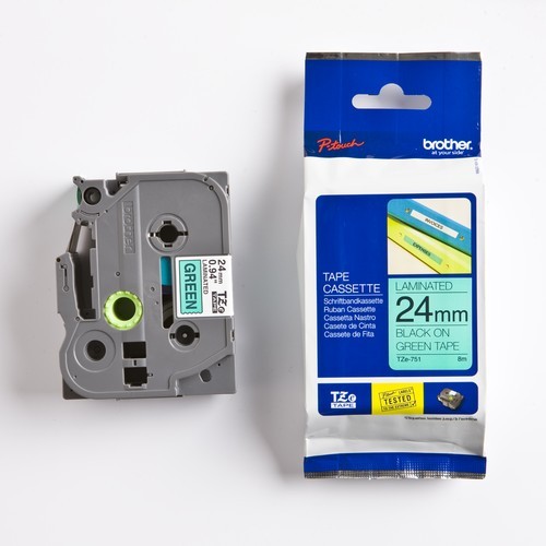 Плёнка для наклеек Brother TZE-751 чёрный шрифт на зелёной основе, 24мм*8м